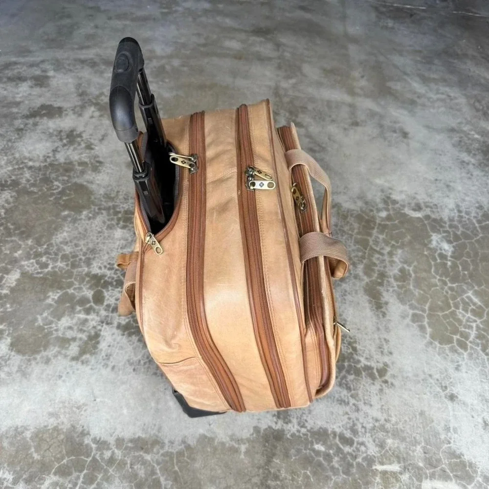 Vintage Natural Tan leather rolling luggage carry on suit case duffle bag